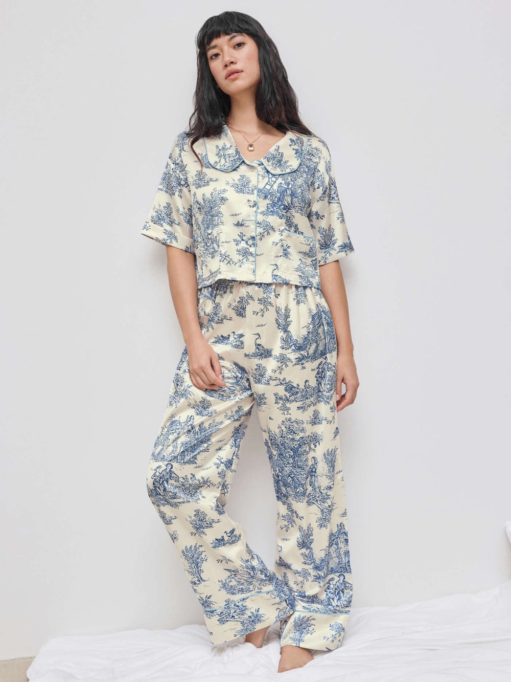Tropical Print Blue Satin Pajama Set
